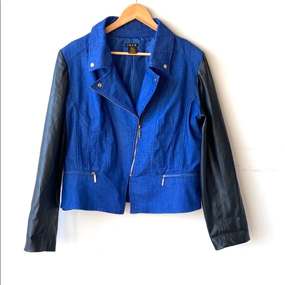 IMAN Jackets & Blazers - Iman Women's Blue Denim Faux Leather Moto Jacket